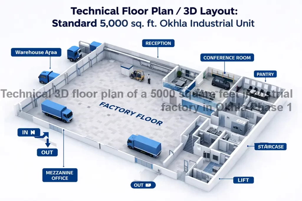 Standard 2D floor plan of a 5000 sq ft factory for sale in Okhla Industrial Area Phase 2 showing open floor plate and utility areas.