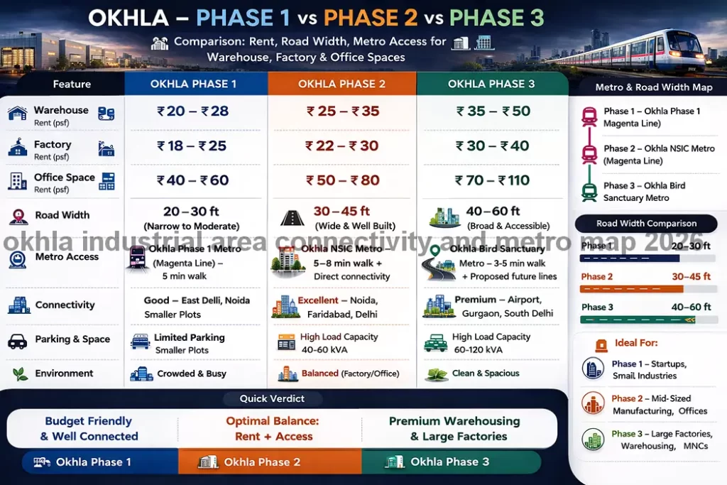 Map of Okhla Industrial Area showing proximity to NSIC Okhla Metro, Govind Puri Metro, and Mathura Road connectivity.